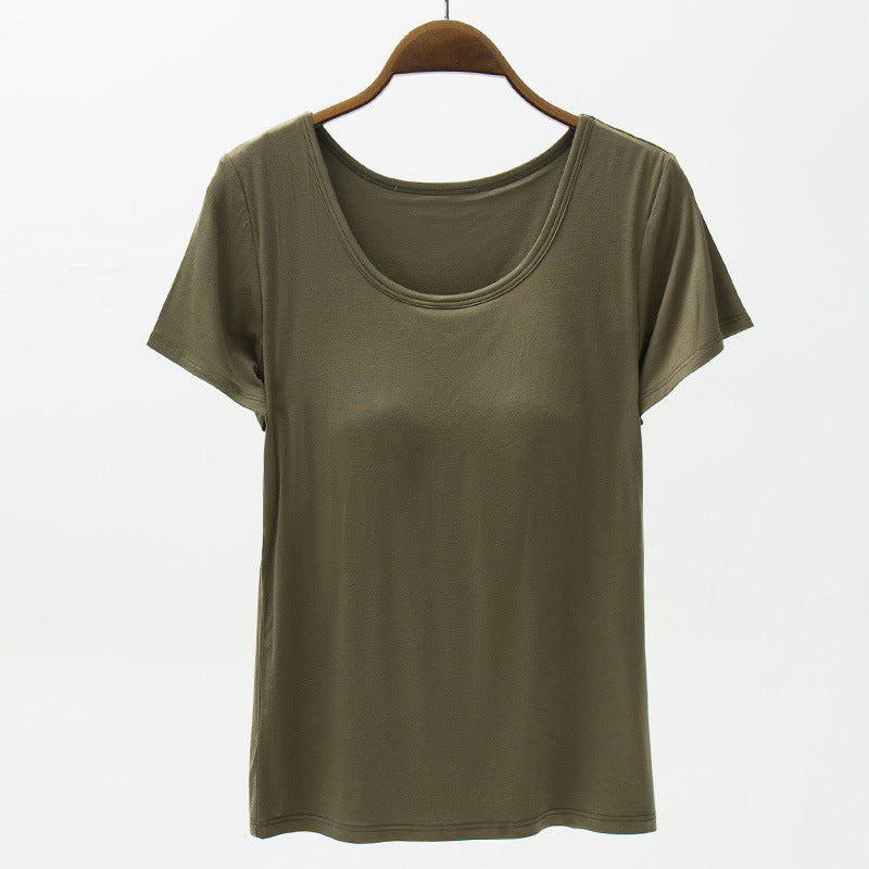 Seamless Padded Cup Scoop Neck Tee - Olive