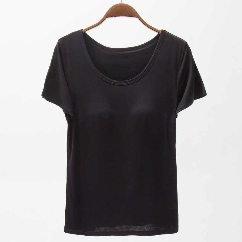 Seamless Padded Cup Scoop Neck Tee - black