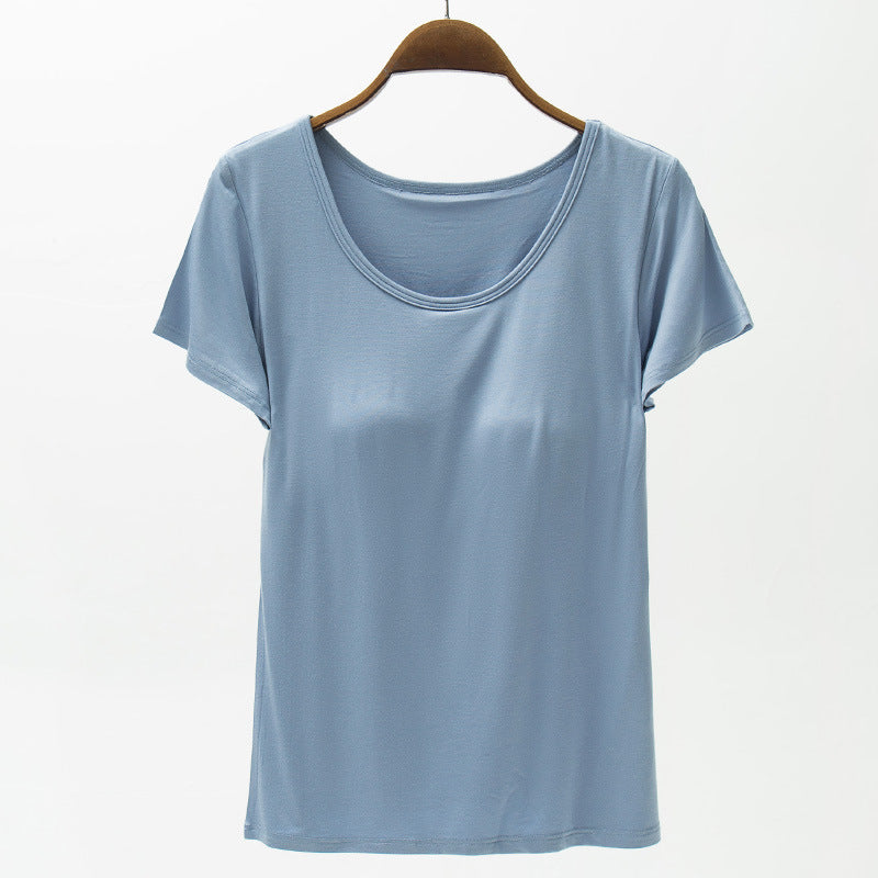 Seamless Padded Cup Scoop Neck Tee - blue