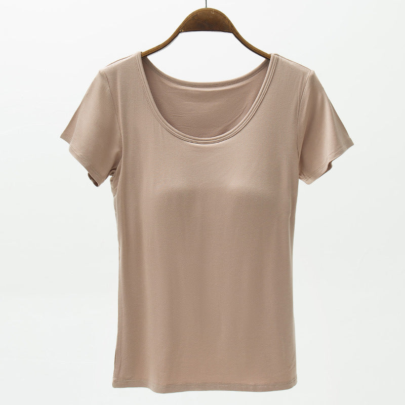 Seamless Padded Cup Scoop Neck Tee - oat