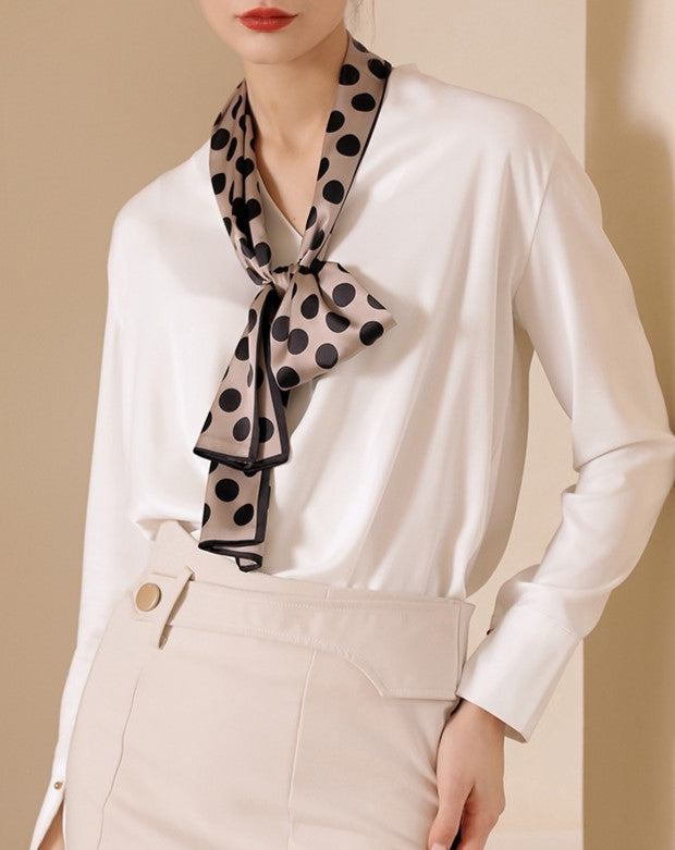 Long Satin Skinny Scarf With Dot Print - Brown - 1