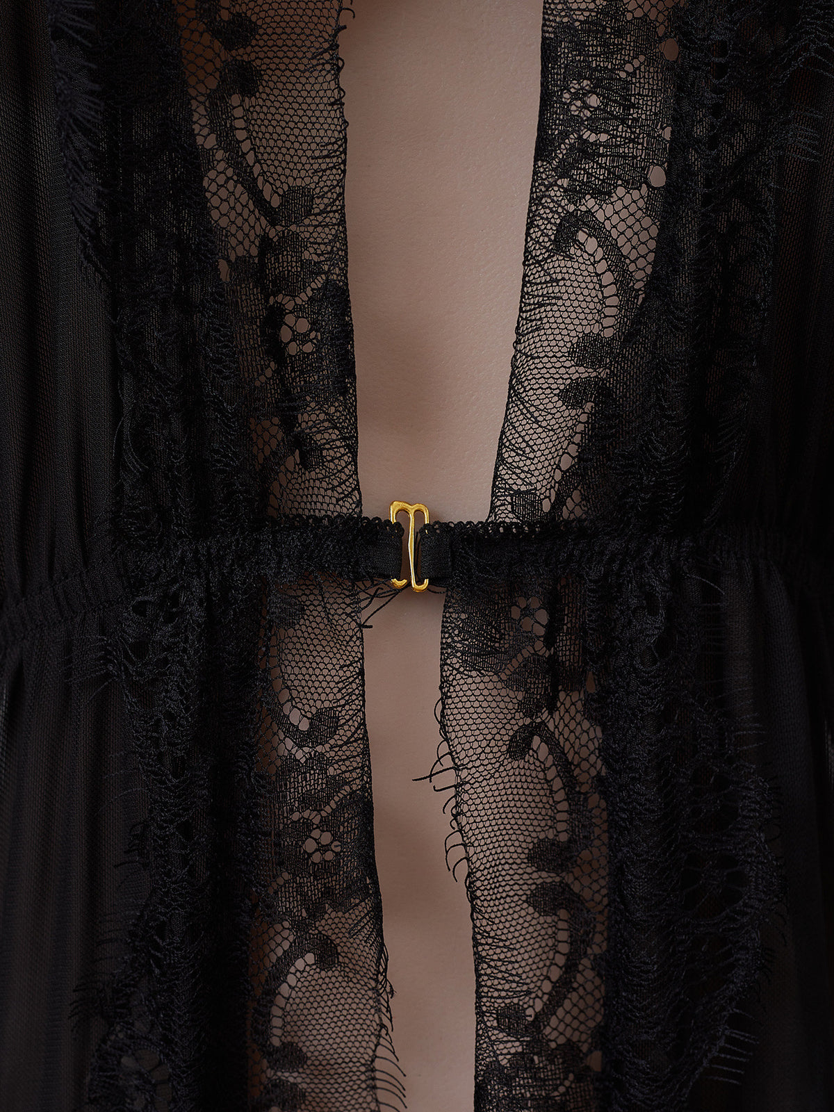 Flared Sleeve Mesh Nightgown With Lace Panels - Black - 5