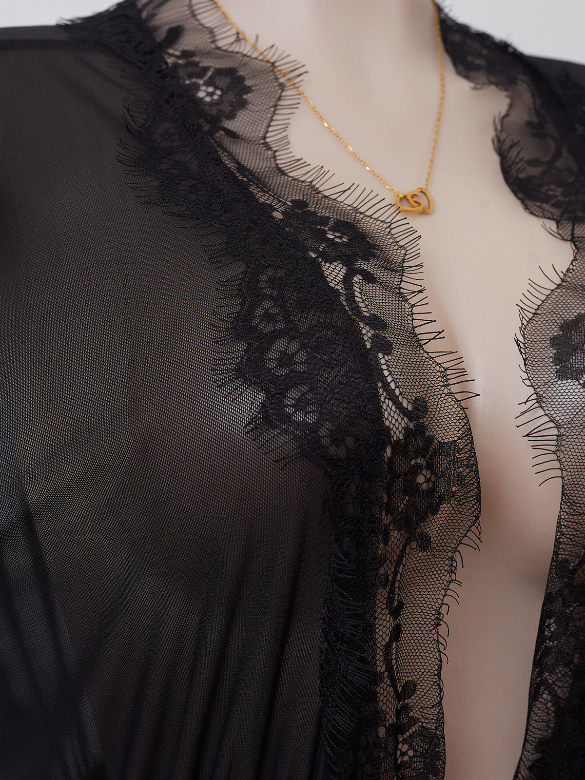 Flared Sleeve Mesh Nightgown With Lace Panels - Black - 6