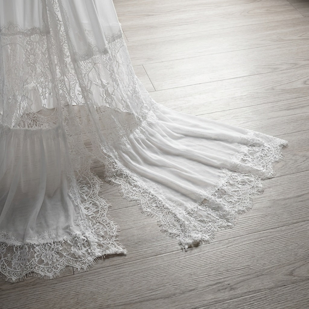 Flared Sleeve Mesh Nightgown With Lace Panels - White - 12