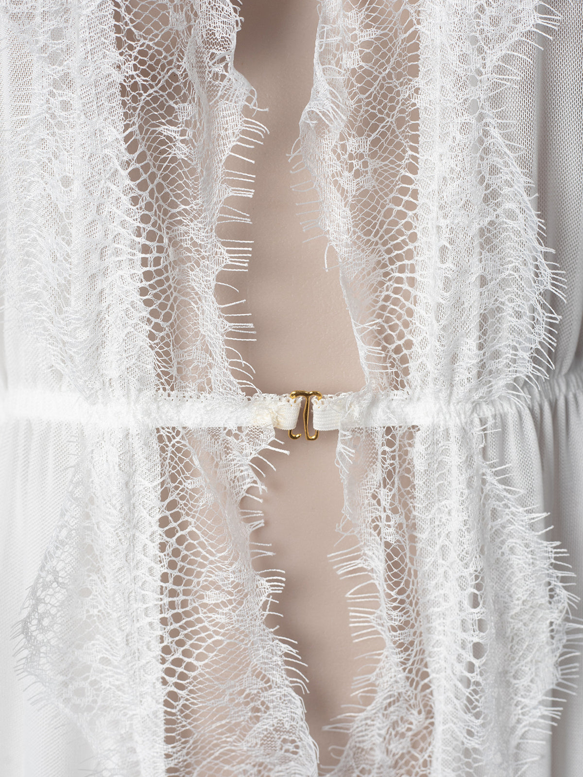 Flared Sleeve Mesh Nightgown With Lace Panels - White - 16