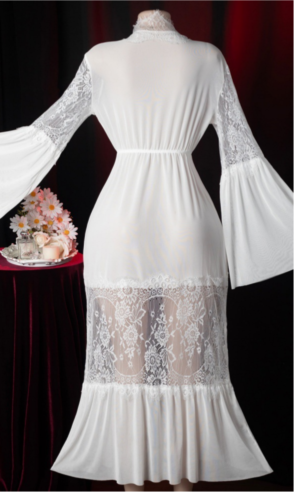 Flared Sleeve Mesh Nightgown With Lace Panels - White - 3