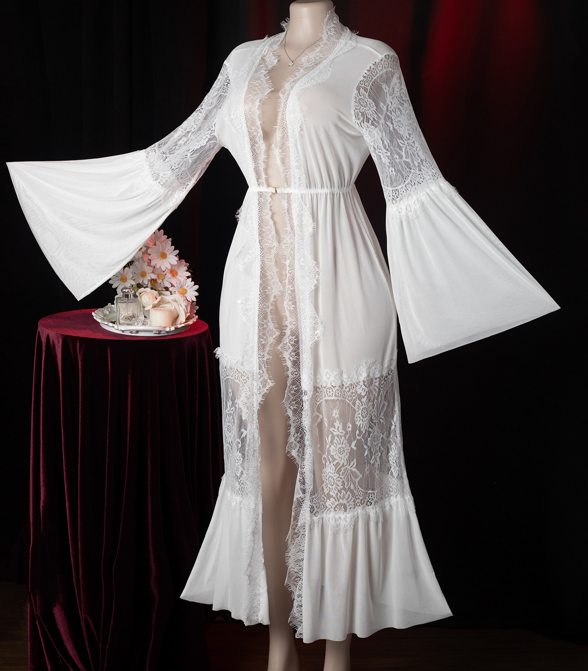Flared Sleeve Mesh Nightgown With Lace Panels - White - 9