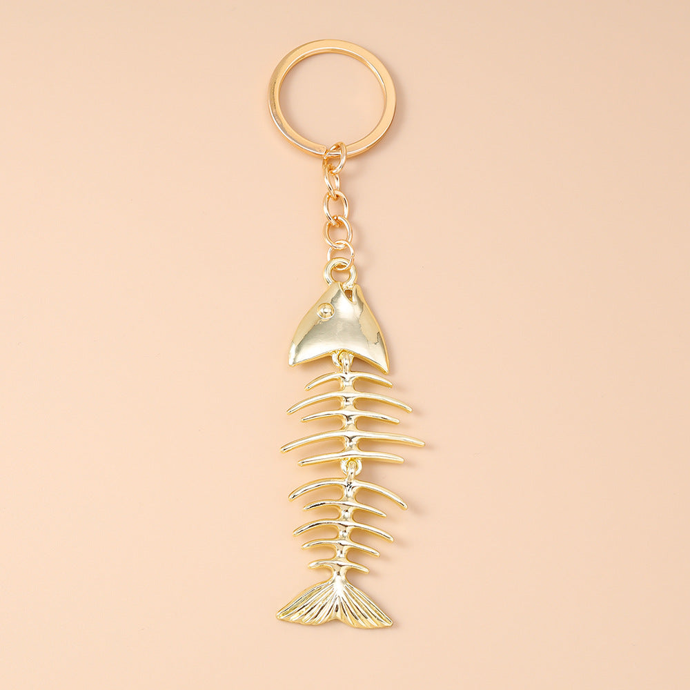 Skeleton Fish Bone Bag Charm Keychain - Gold