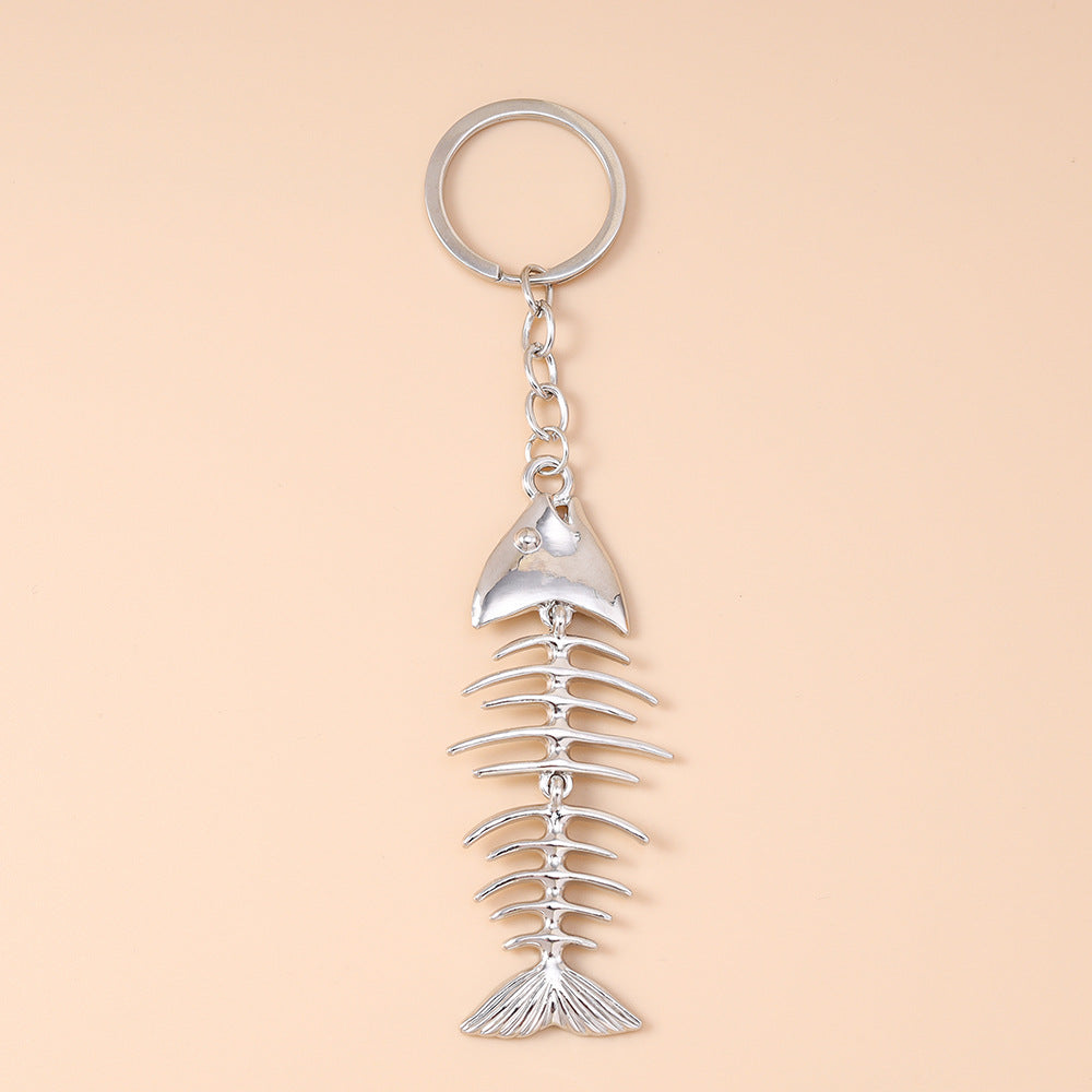 Skeleton Fish Bone Bag Charm Keychain - Silver