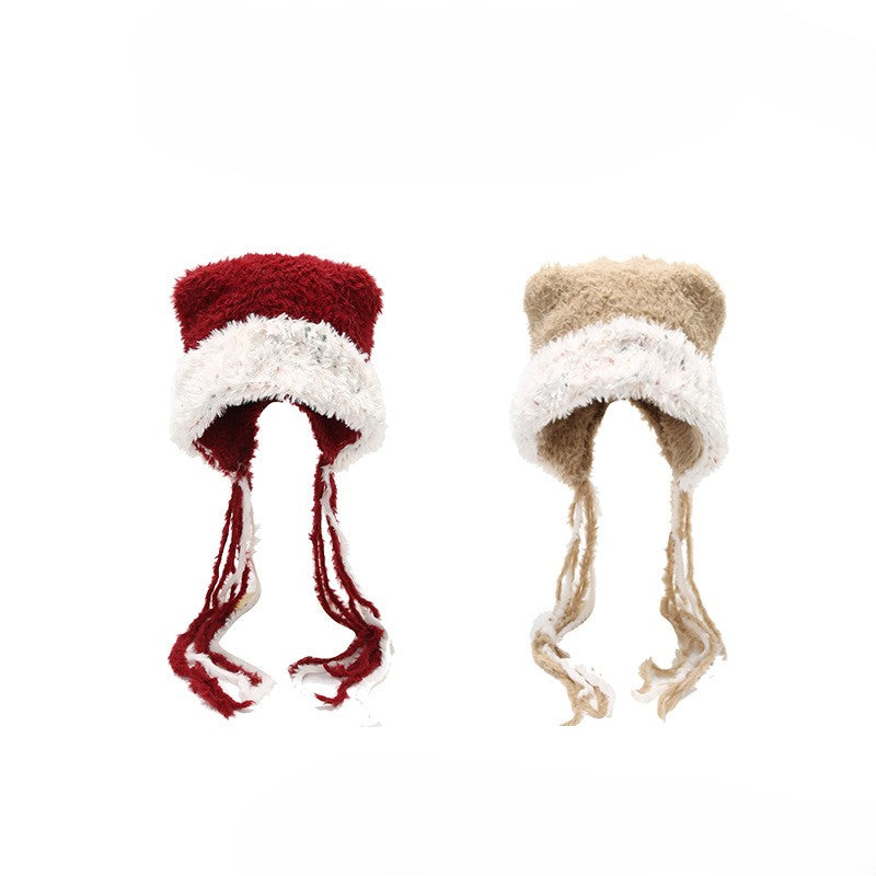 Bear Ear Plush Beanie With Tassel Ties