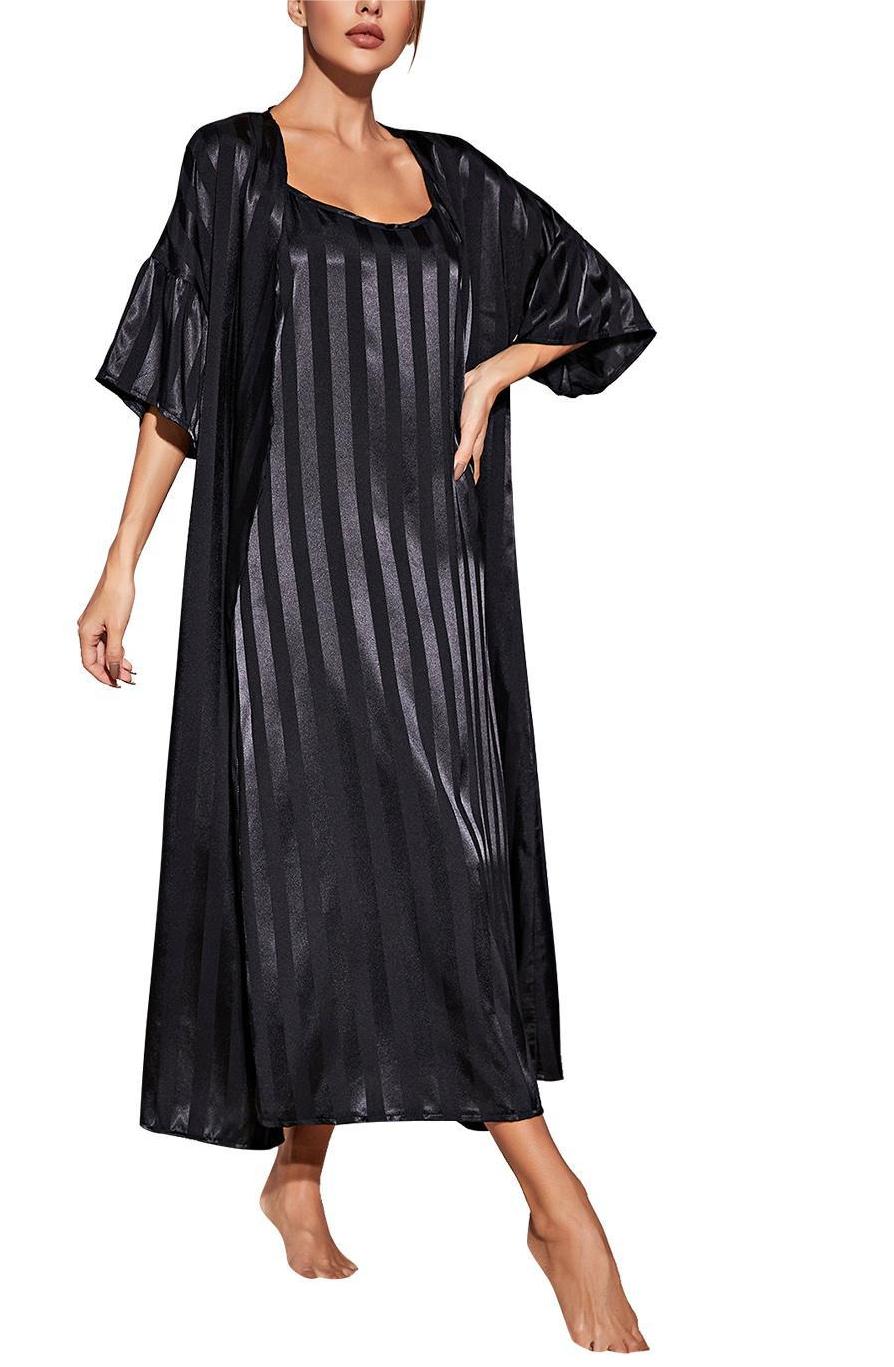 Satin Stripe Long Nightgown With Robe - Black