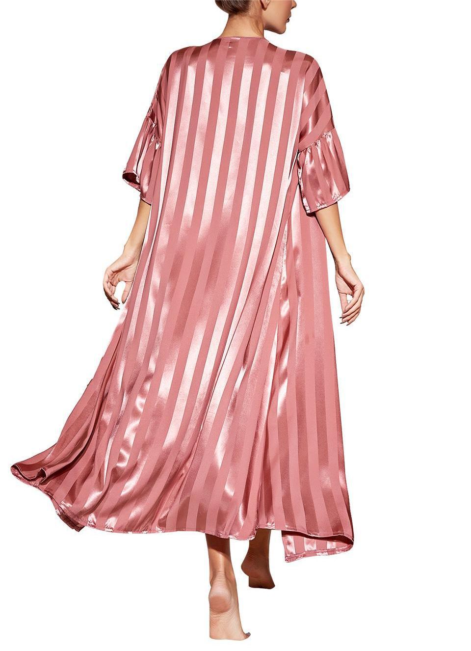 Satin Stripe Long Nightgown With Robe - Pink - 1