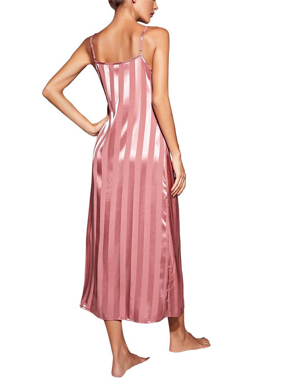 Satin Stripe Long Nightgown With Robe - Pink - 2