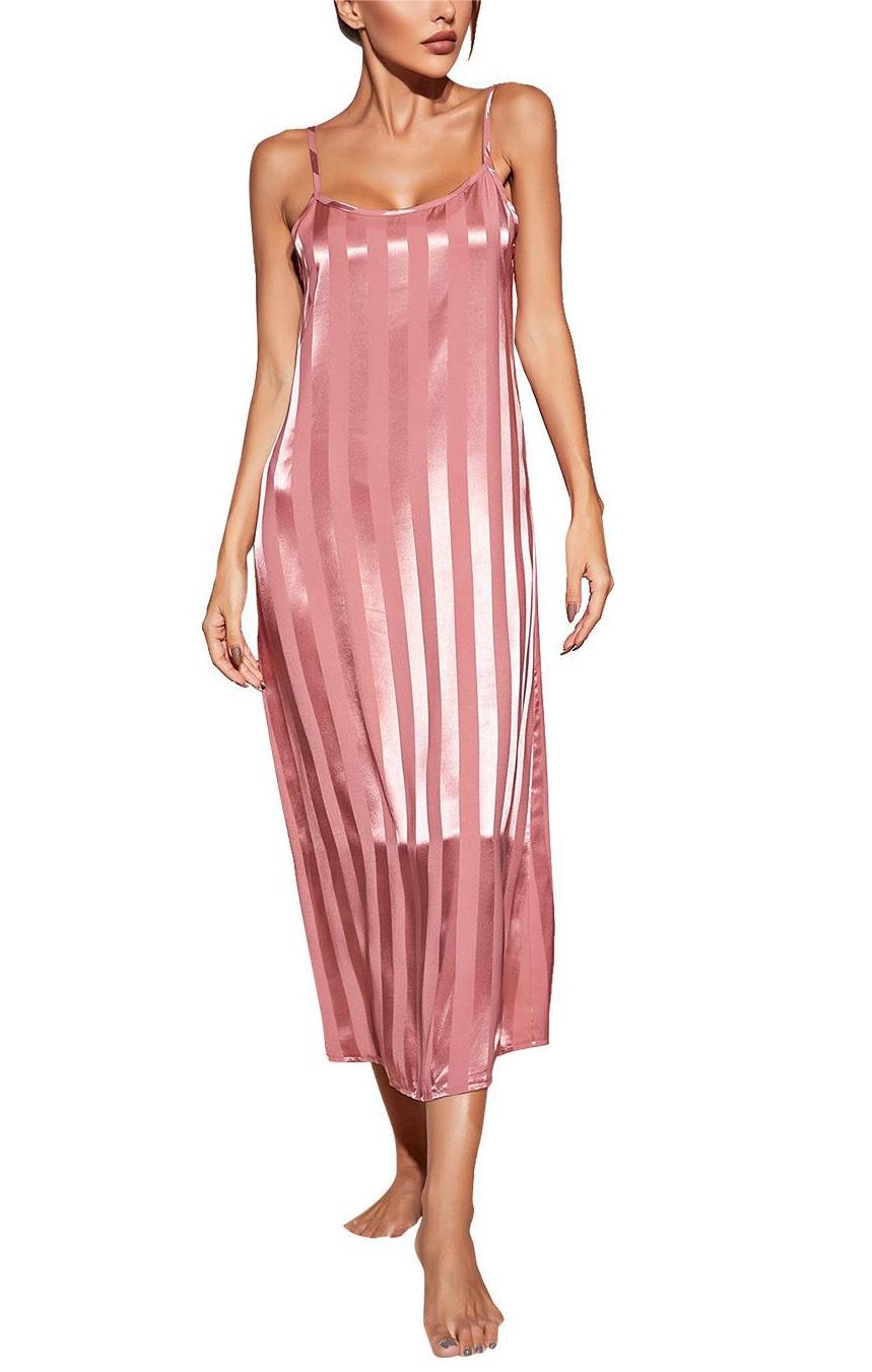 Satin Stripe Long Nightgown With Robe - Pink - 3