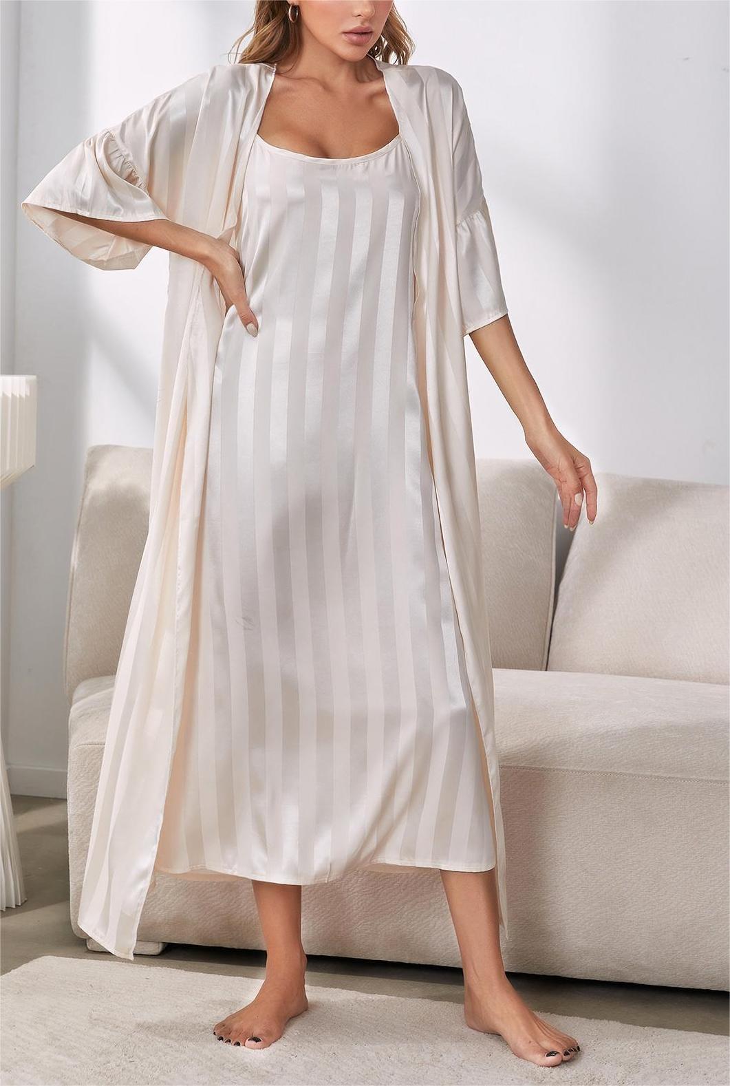 Satin Stripe Long Nightgown With Robe - White
