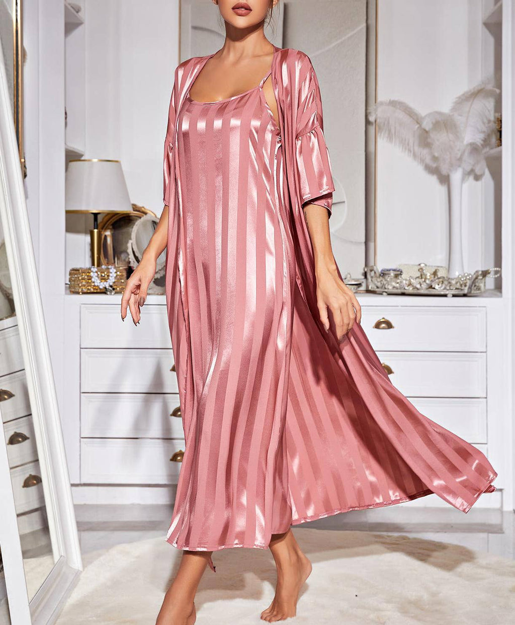 Satin Stripe Long Nightgown With Robe