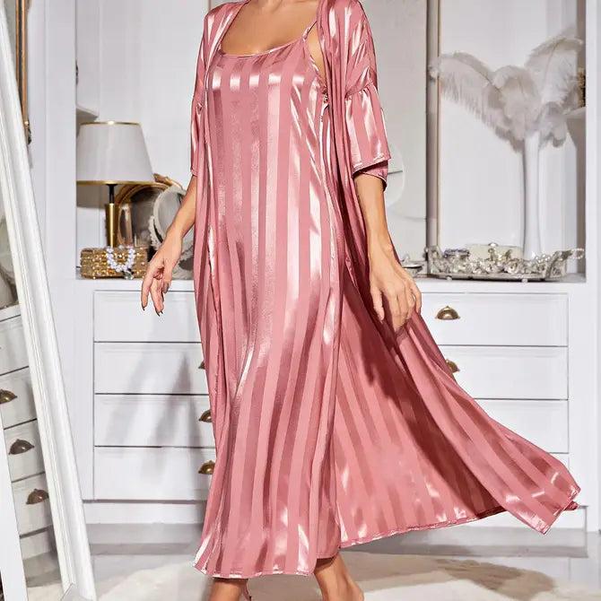 Satin Stripe Long Nightgown With Robe - view 1