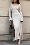Flared Cuff Ribbed Knit Maxi Dress - Ash