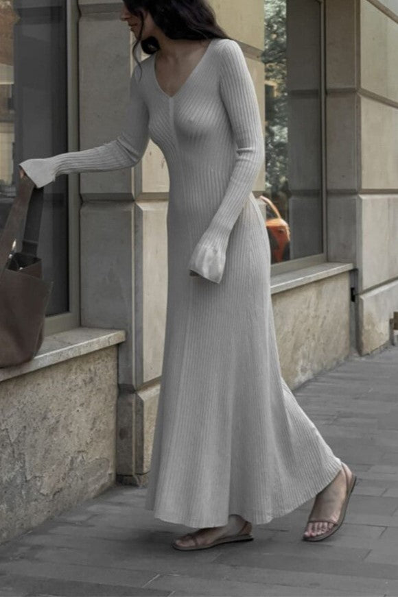 Flared Cuff Ribbed Knit Maxi Dress - Ash - 3