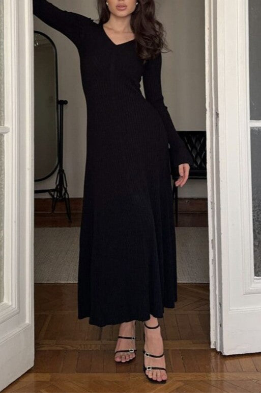 Flared Cuff Ribbed Knit Maxi Dress - black