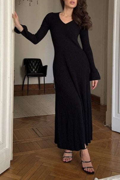 Flared Cuff Ribbed Knit Maxi Dress - black - 2