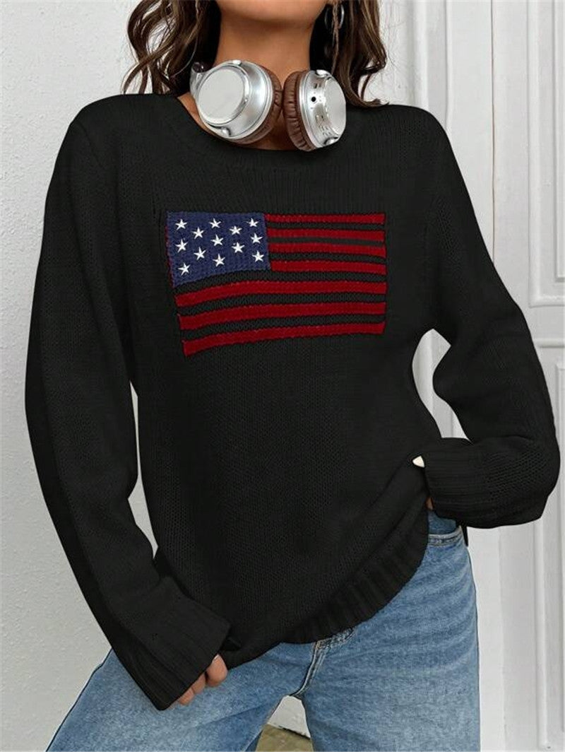 Flag Intarsia Crewneck Knit Sweater - Black