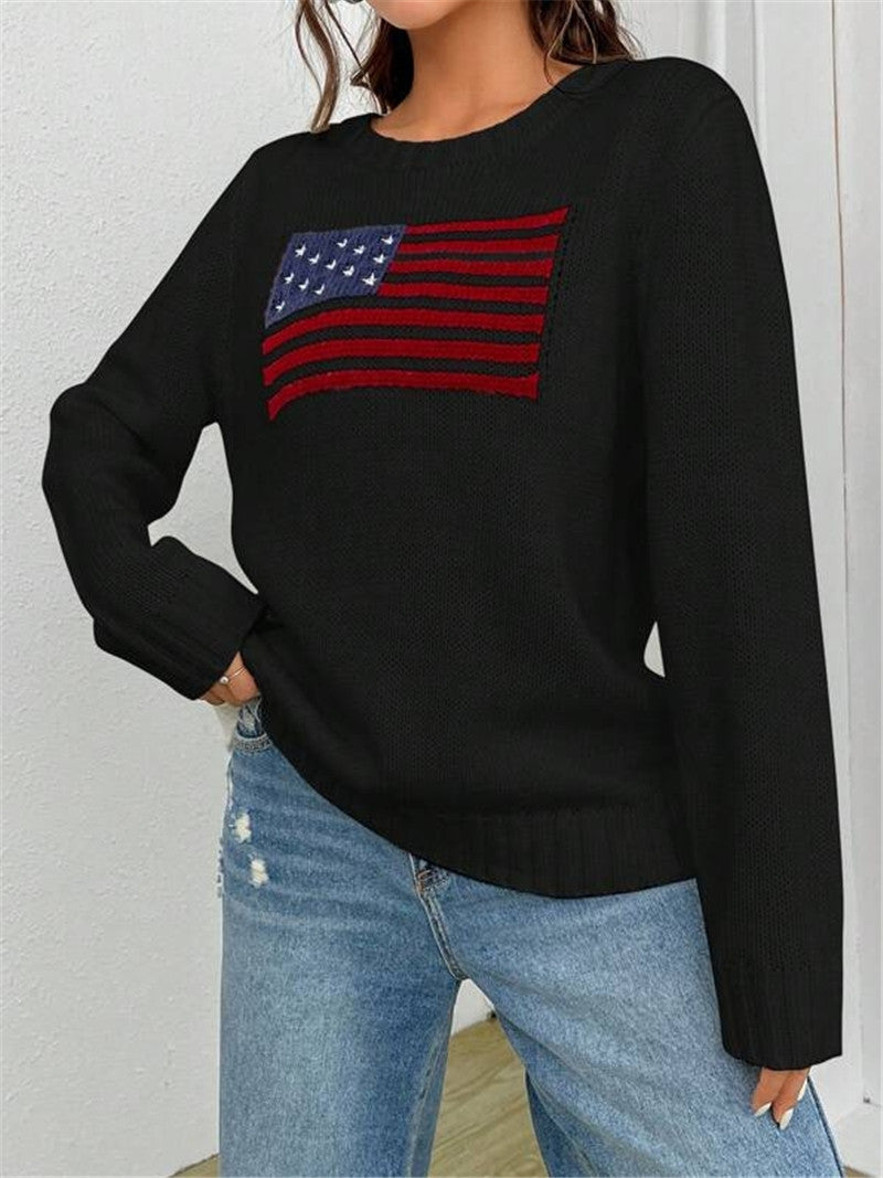 Flag Intarsia Crewneck Knit Sweater - Black - 2