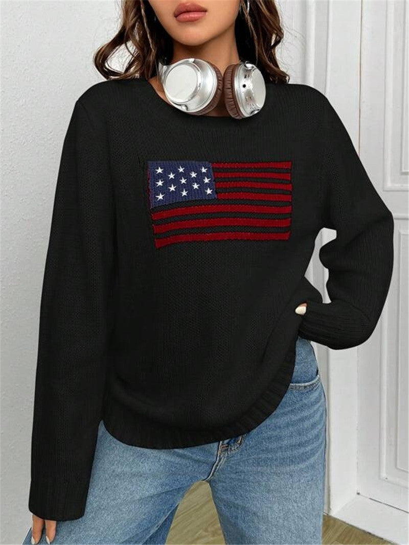 Flag Intarsia Crewneck Knit Sweater - Black - 4