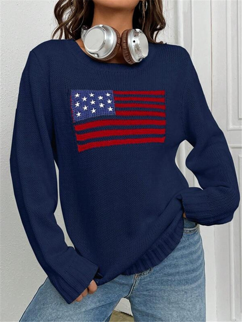 Flag Intarsia Crewneck Knit Sweater - Navy
