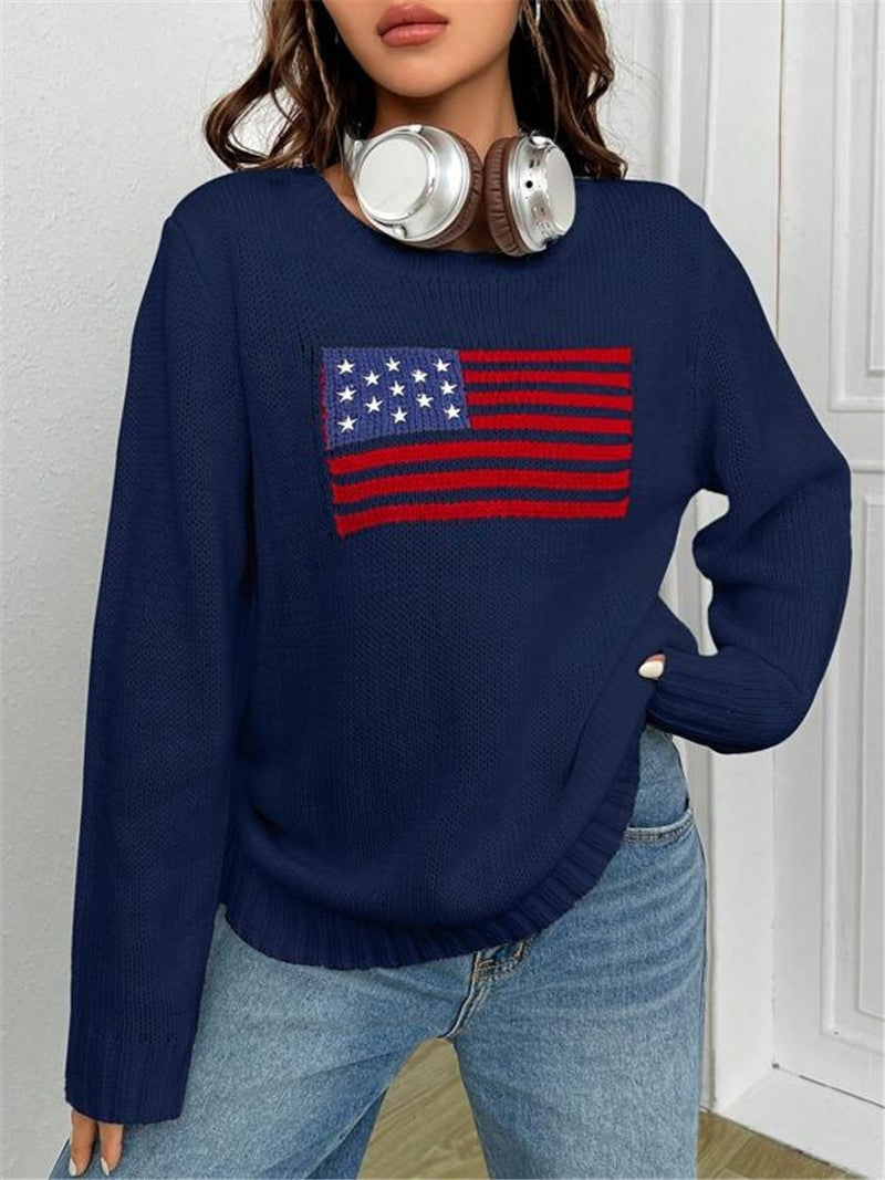Flag Intarsia Crewneck Knit Sweater - Navy - 2