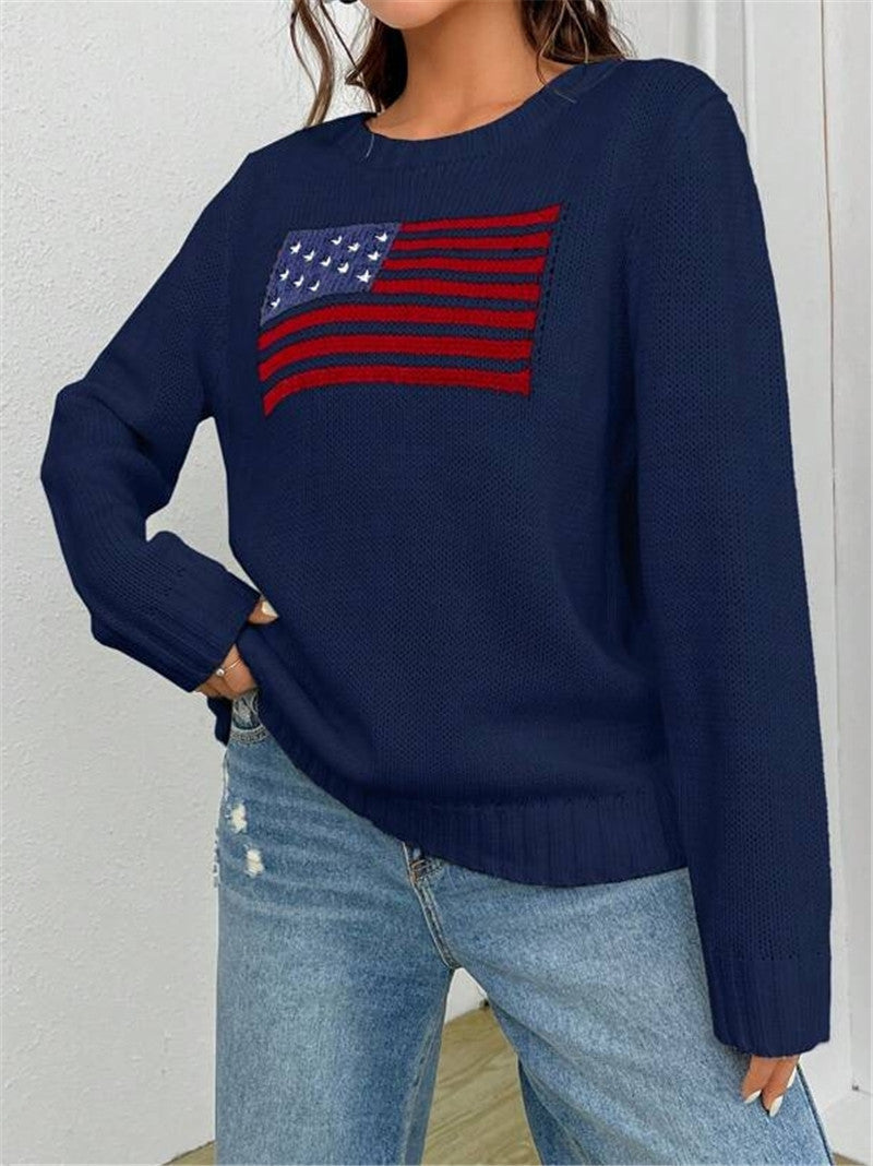 Flag Intarsia Crewneck Knit Sweater - Navy - 3