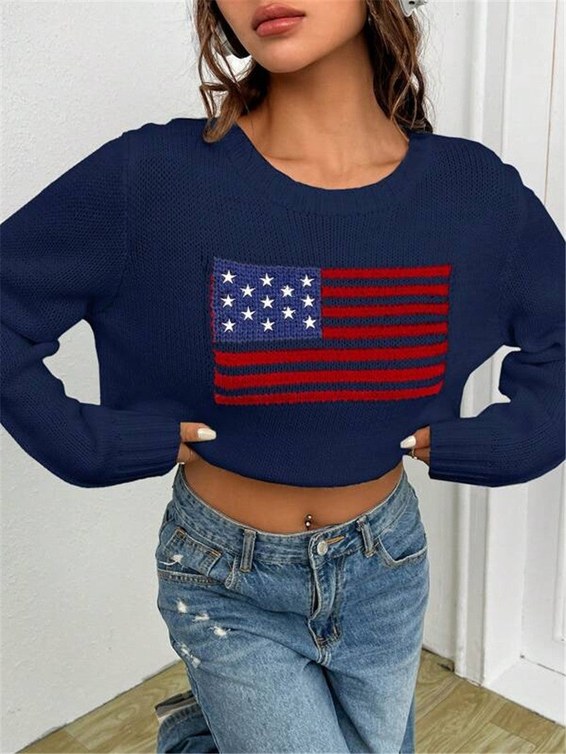 Flag Intarsia Crewneck Knit Sweater - Navy - 4