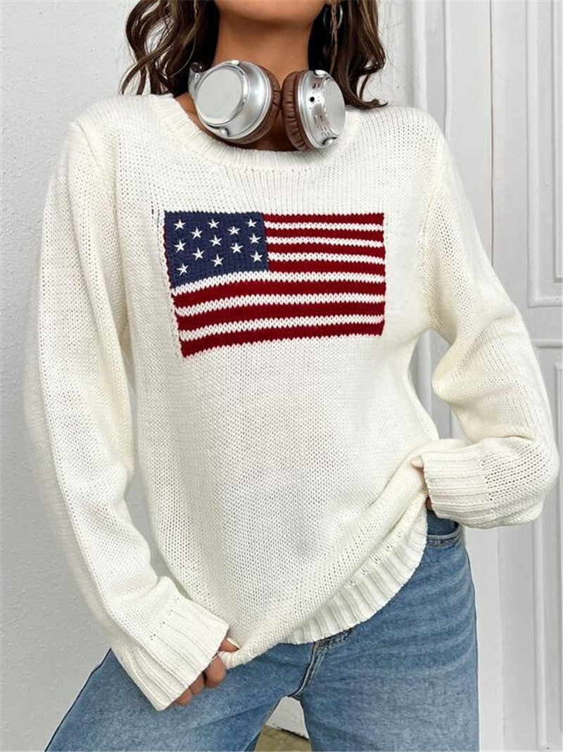 Flag Intarsia Crewneck Knit Sweater - White