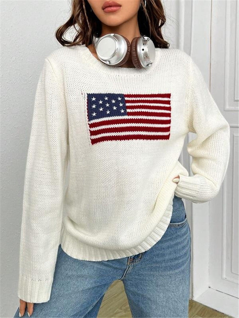 Flag Intarsia Crewneck Knit Sweater - White - 2