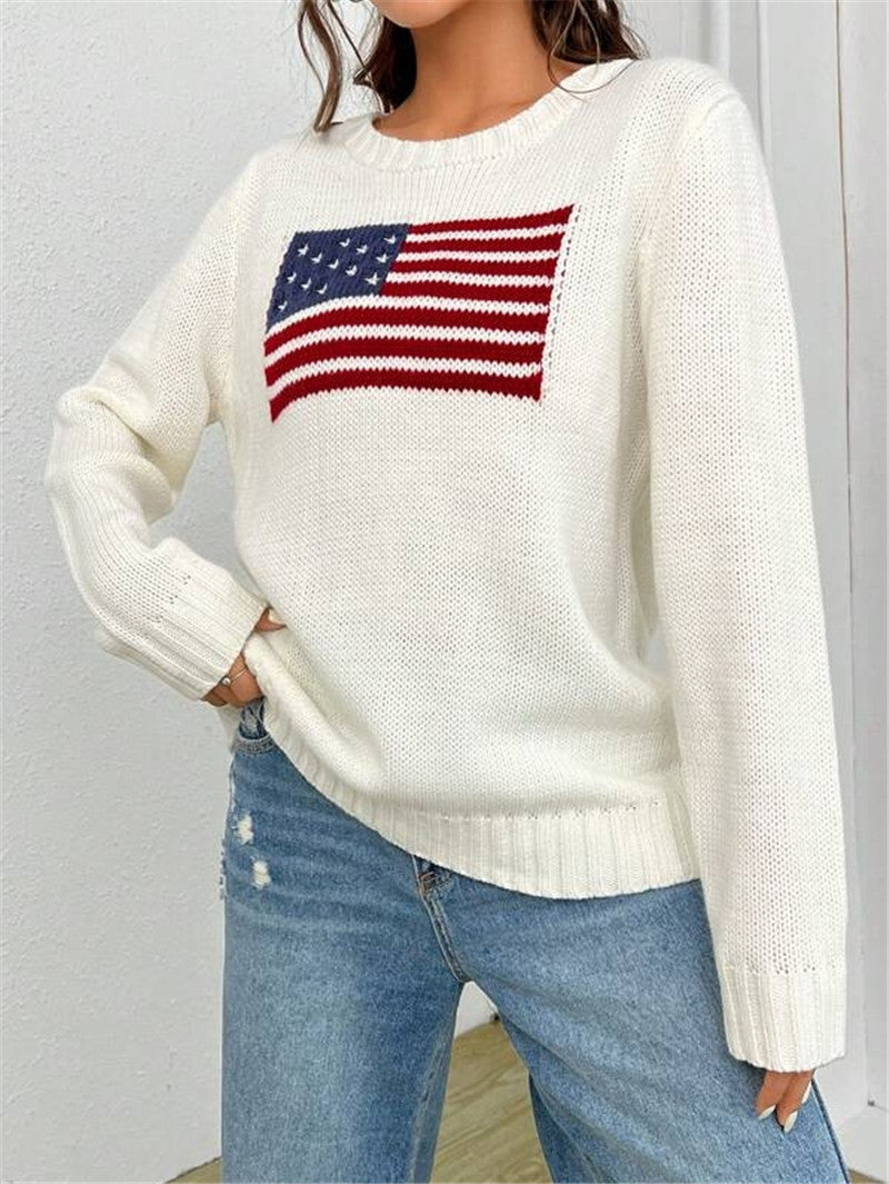 Flag Intarsia Crewneck Knit Sweater - White - 3