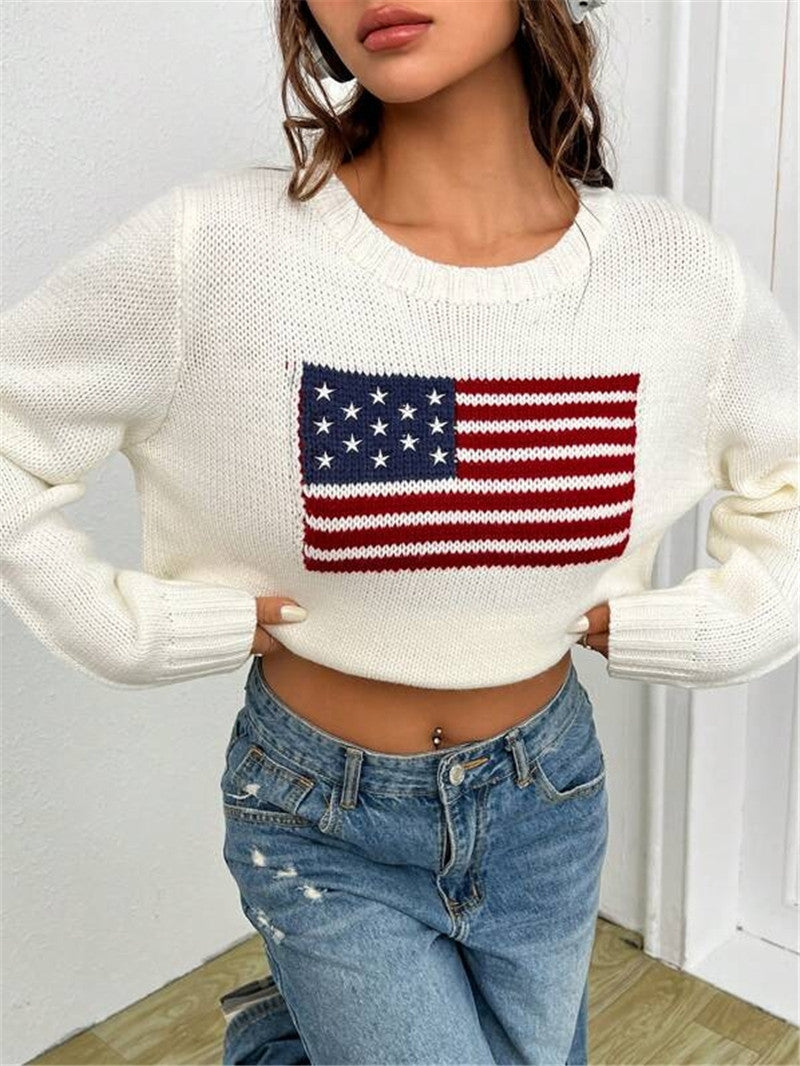 Flag Intarsia Crewneck Knit Sweater - White - 4
