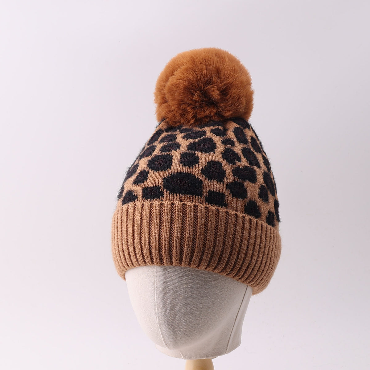 Cuffed Leopard Knit Beanie with Fluffy Pom - Coffee
