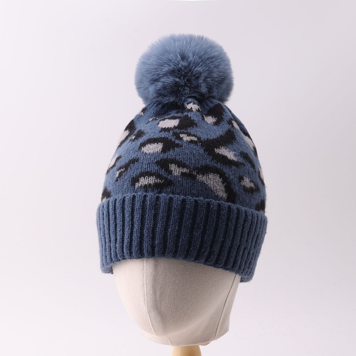 Cuffed Leopard Knit Beanie with Fluffy Pom - NavyBlue