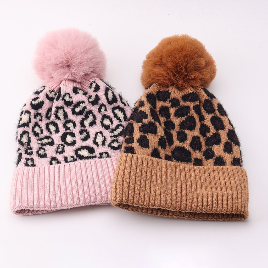 Cuffed Leopard Knit Beanie with Fluffy Pom - Pink - 1