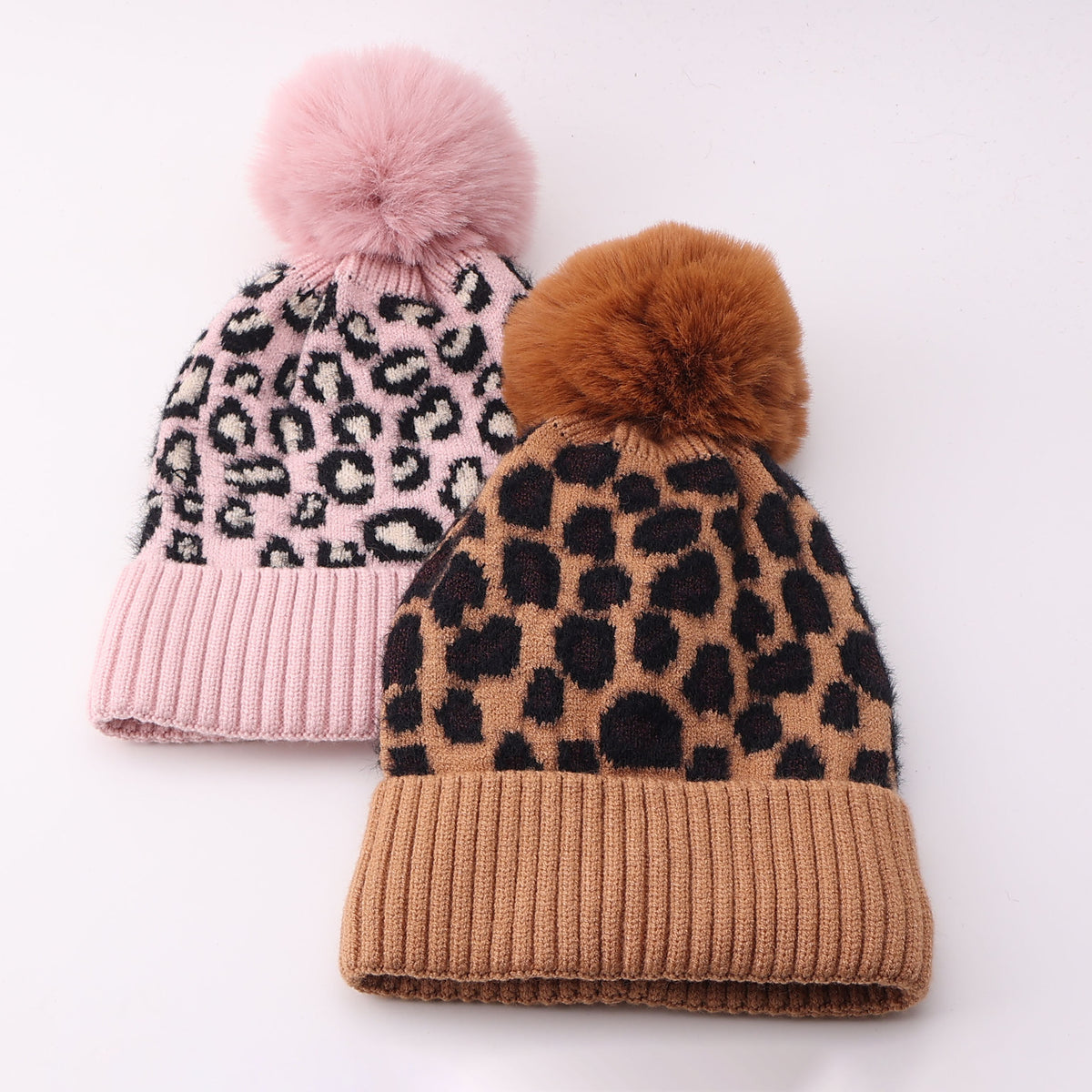 Cuffed Leopard Knit Beanie with Fluffy Pom - Pink - 2