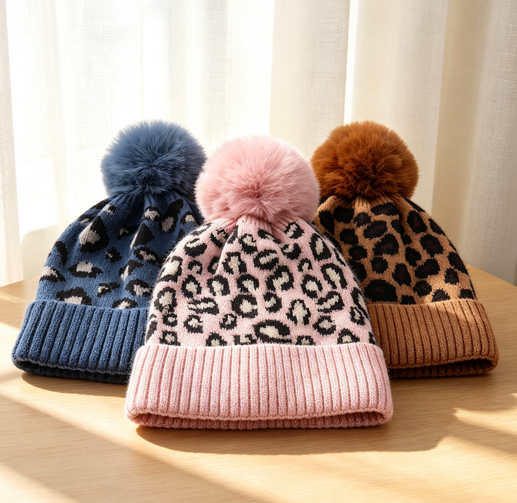 Cuffed Leopard Knit Beanie with Fluffy Pom - Pink - 3