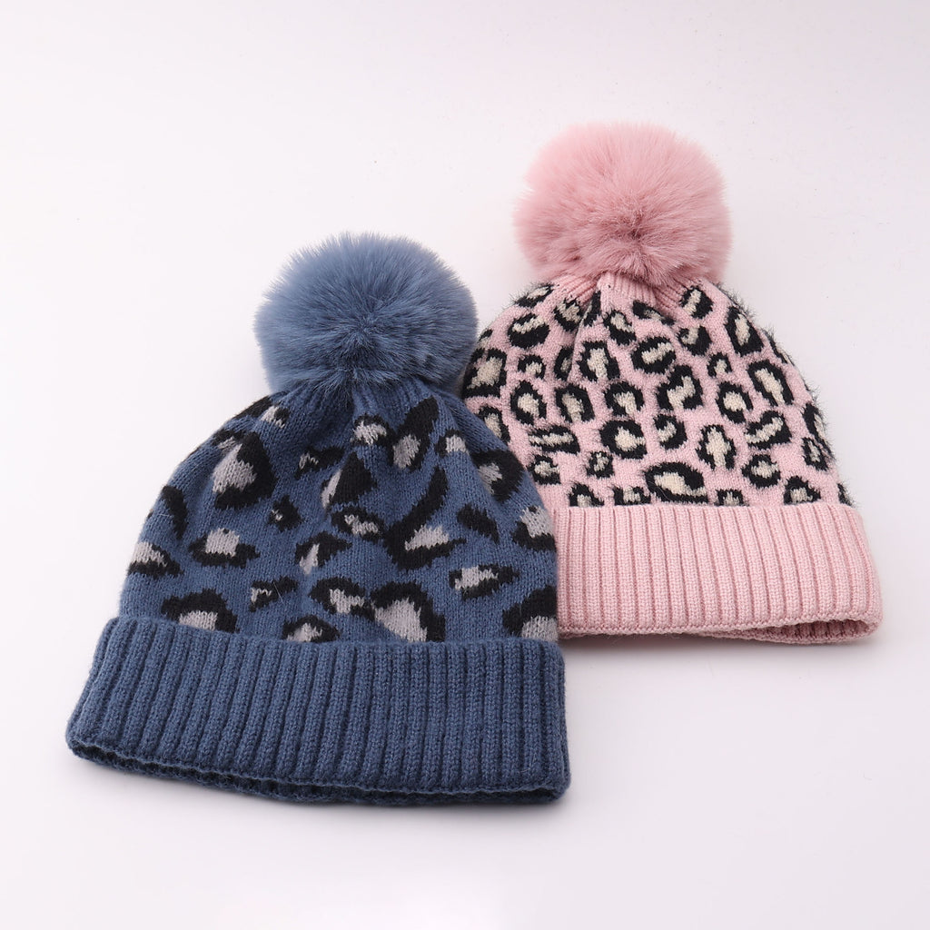 Cuffed Leopard Knit Beanie with Fluffy Pom - Pink - 4