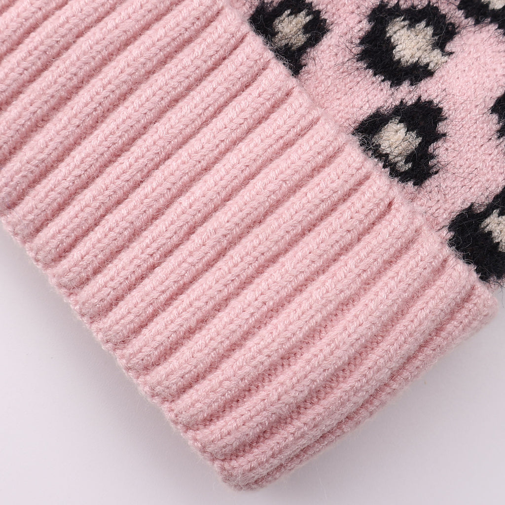 Cuffed Leopard Knit Beanie with Fluffy Pom - Pink - 5