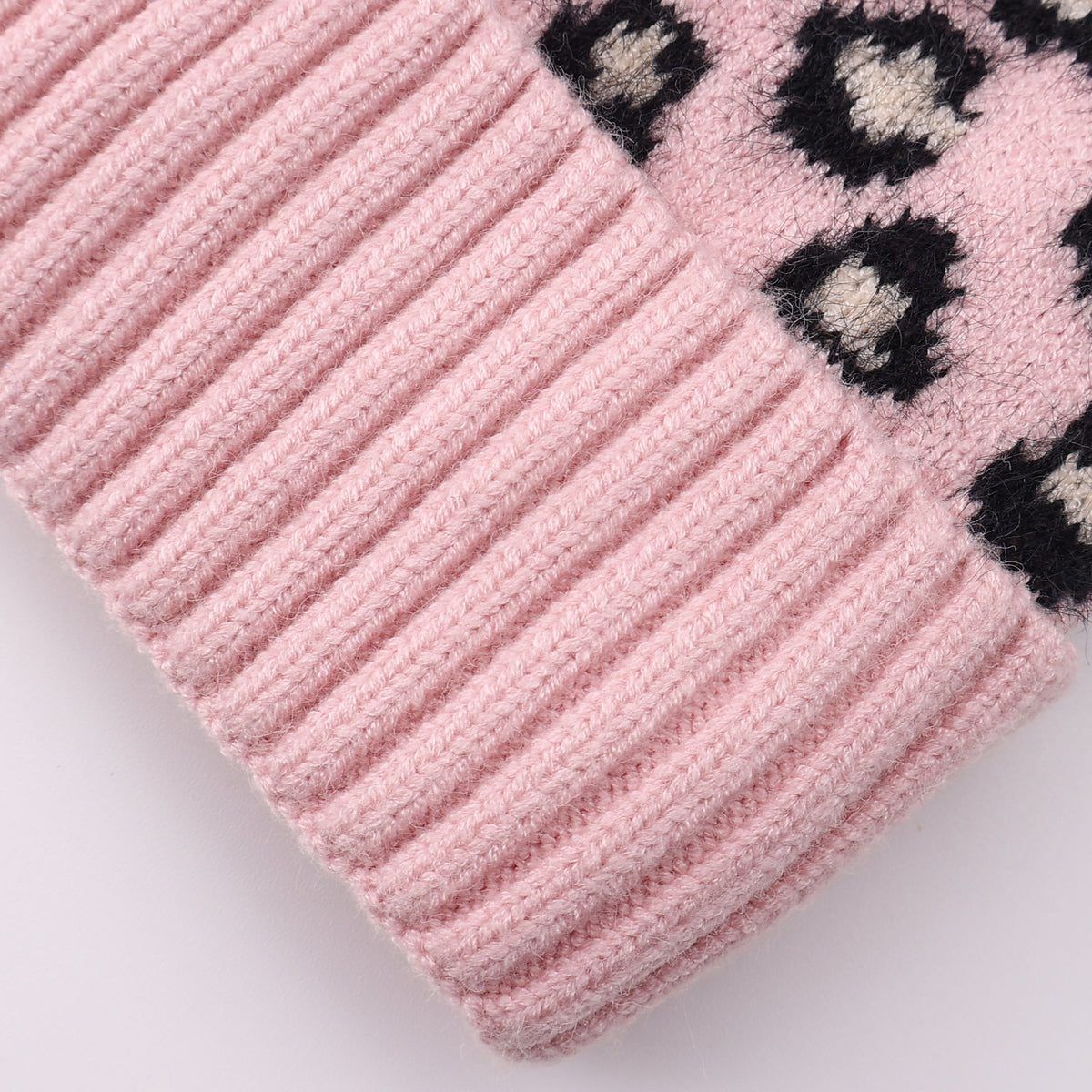 Cuffed Leopard Knit Beanie with Fluffy Pom - Pink - 5