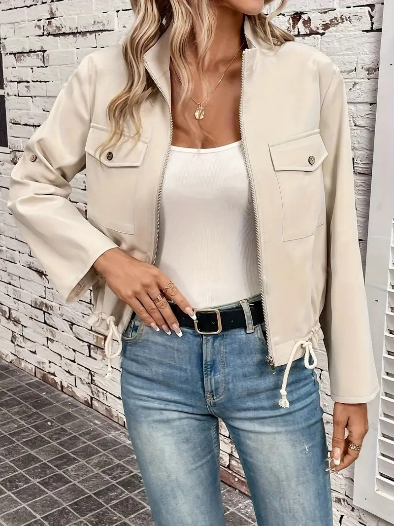 Stand Collar Zip Up Cropped Jacket - Apricot - 3