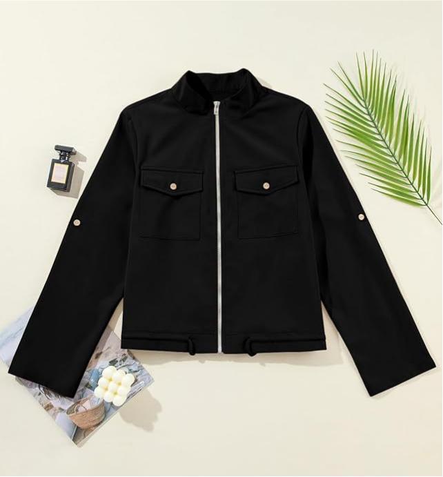 Stand Collar Zip Up Cropped Jacket - Black