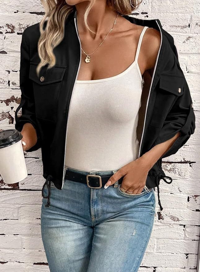Stand Collar Zip Up Cropped Jacket - Black - 2