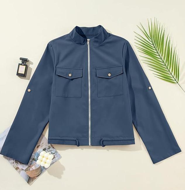 Stand Collar Zip Up Cropped Jacket - Blue