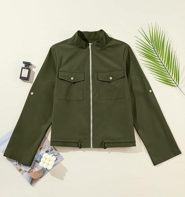 Stand Collar Zip Up Cropped Jacket - Green