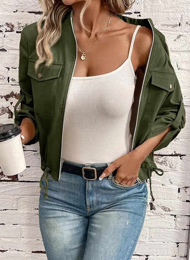 Stand Collar Zip Up Cropped Jacket - Green - 2
